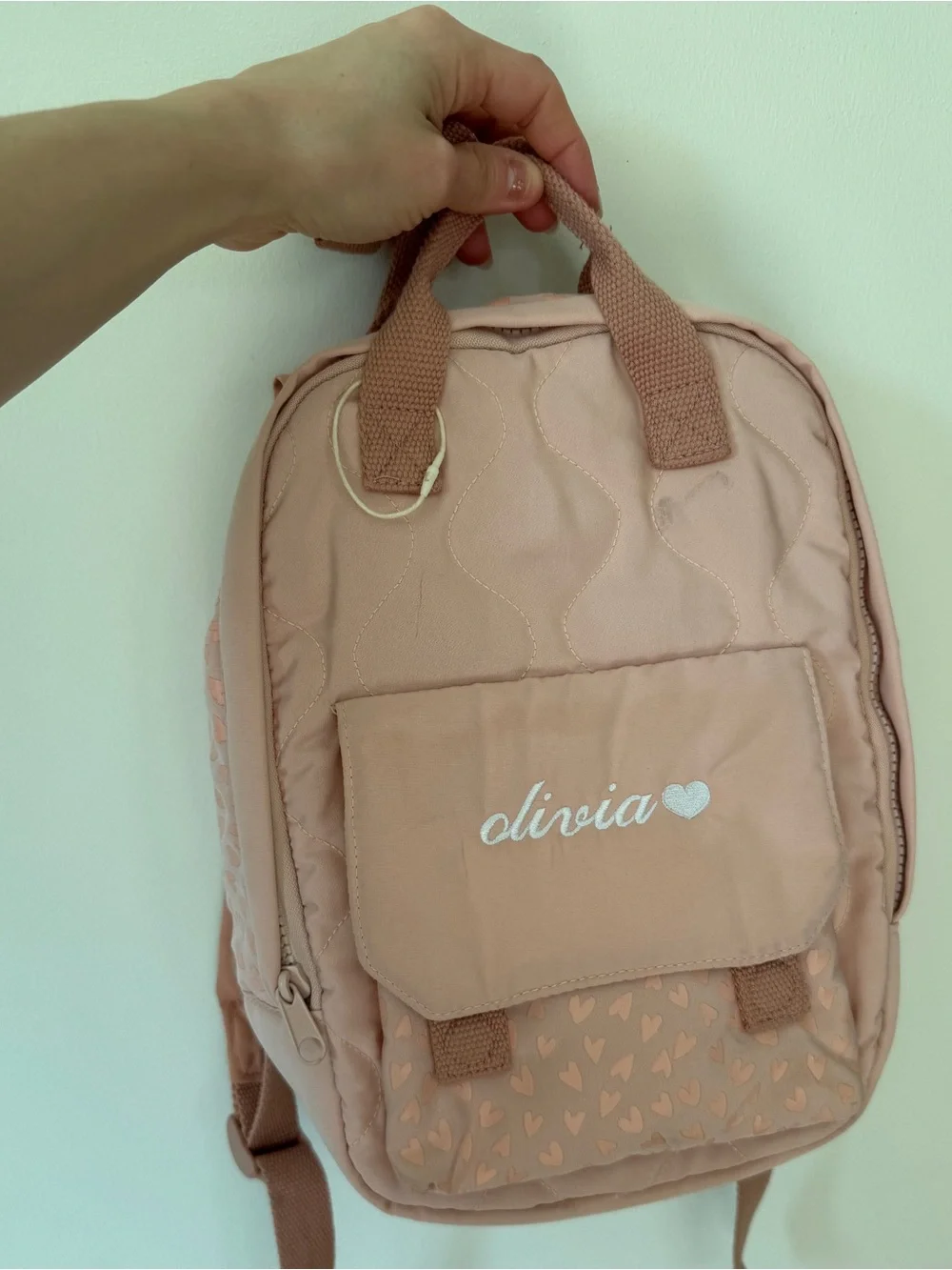 Zara kids Olivia embroidered personalized mini backpack hearts coral pink
